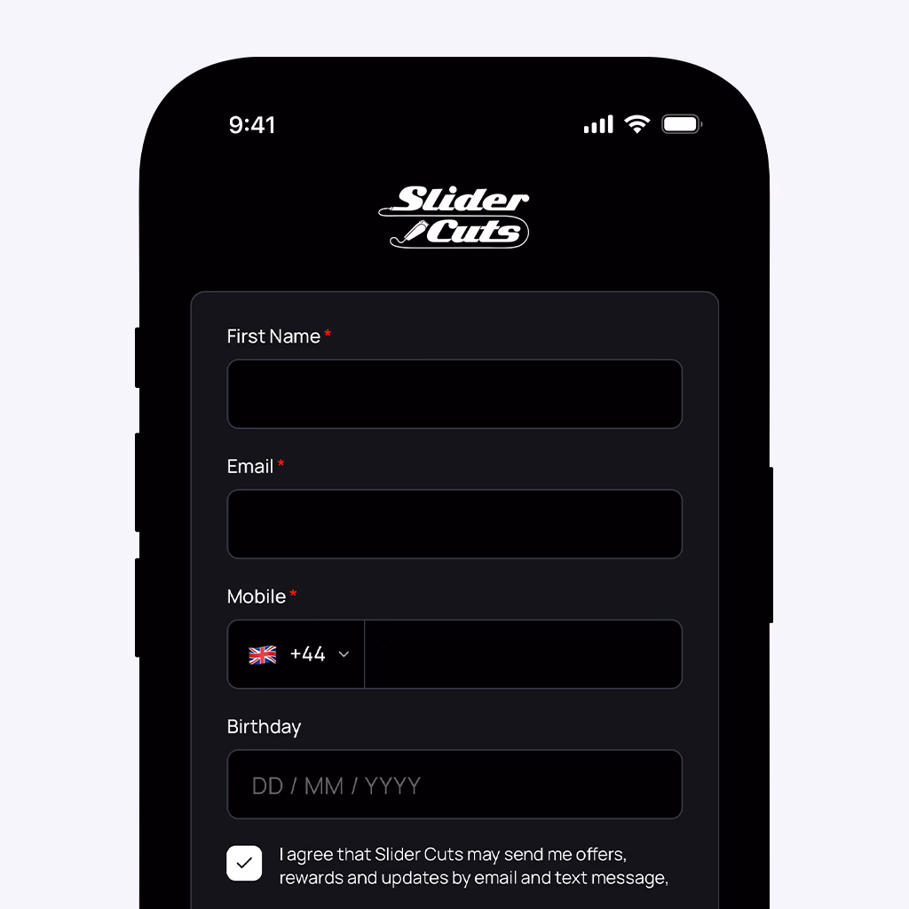 A smartphone displaying a black and white digial loyalty card with barber icons and text options.